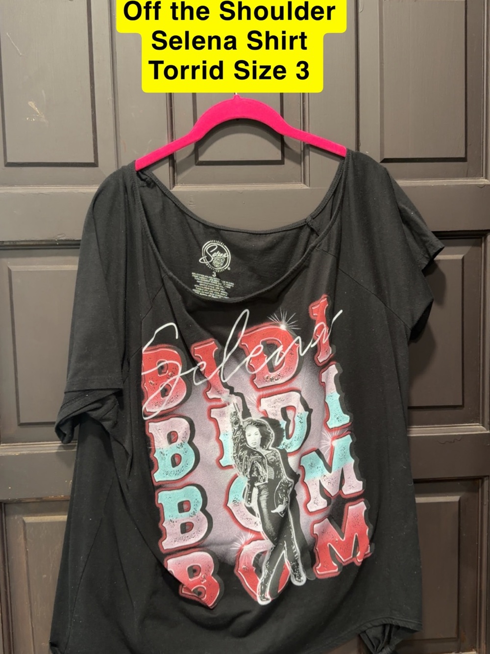 torrid Black Selena Graphic Off-Shoulder Tee with Red & Aqua Print